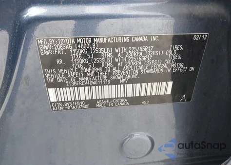 2013 Toyota Rav4 Le из США, поврежденный, VIN 2T3BFREV4DW011116